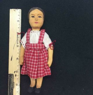 Antique 6 " Wooden Hand Carved Painted Doll.  Head,  Arms,  Legs Move.  Clothes Orig