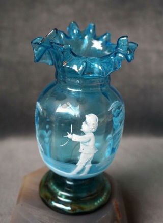 Antique Victorian Mary Gregory Blue Art Glass Vase Urn,  Ruffled Rim,  Etched Boy
