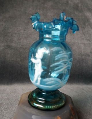 Antique Victorian Mary Gregory blue Art glass vase Urn,  Ruffled Rim,  Etched boy 2