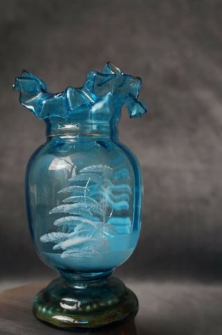 Antique Victorian Mary Gregory blue Art glass vase Urn,  Ruffled Rim,  Etched boy 3