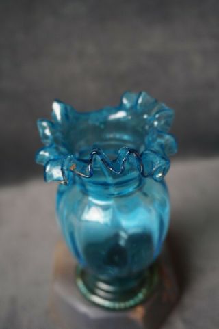 Antique Victorian Mary Gregory blue Art glass vase Urn,  Ruffled Rim,  Etched boy 5