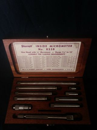 Antique Starrett 823b Inside Micrometer Set In Wood Case 1 - 1/2 " To 12 "