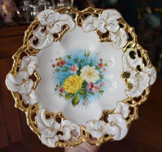 Breathtaking Antique German Heavy Gold Hand Painted Floral Scalloped Edge Bowl