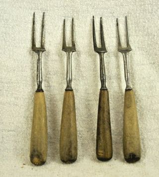 Matching Set Of Four Vintage Antique Wood Handle 2 Prong Forks Civil War Era