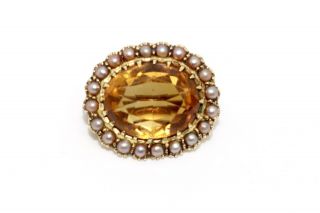 A Pretty Antique Victorian 15ct 625 Yellow Gold Citrine & Pearl Brooch 13820