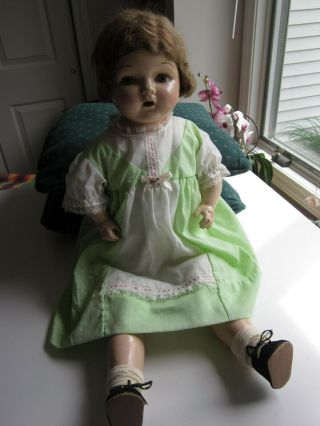 Antique 27 " Composition Doll With Cloth Body Real Hair,  Closing Eyes