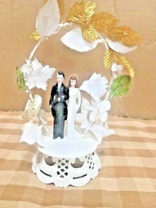 Vintage Bride And Groom Wedding Cake Topper Chalkware Brown Hair 1950 Novelty