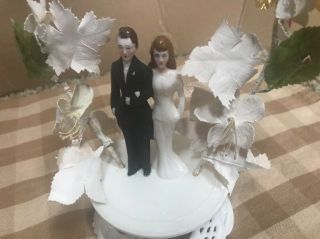 Vintage Bride and Groom Wedding Cake Topper Chalkware Brown Hair 1950 Novelty 3