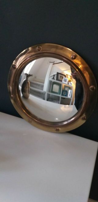 Art Deco 1930s Brass Convex Fish Eye Portal Mirror Aged Patina