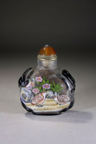 Vintage Glass & Enamel Snuff Bottle Partridges Signed