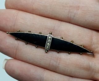 Antique Victorian Mourning Brooch Black Enamel Seed Pearls Set In Silver