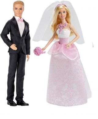 Barbie And Ken Dolls Bride And Groom Pink & White Tuxedo Wedding Dress Dvp39
