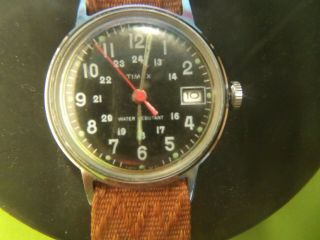 Vintage Timex 24hr Military Style Black Faced Luminous Calendar Watch 23571 2571