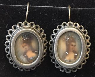 Antique Hand Painted Cameo Portrait Sterling Silver Earrings 1 - 1/2”x 7/8”