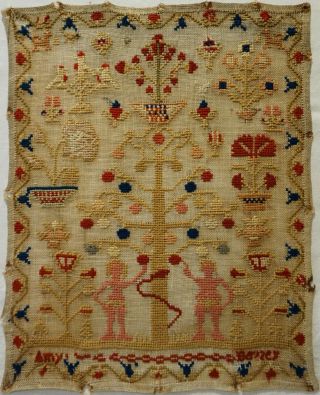 Mid 19th Century Adam & Eve And Motif Sampler By Amy Bezzey? - C.  1860