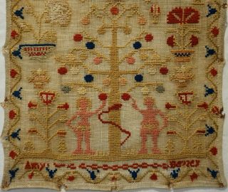 MID 19TH CENTURY ADAM & EVE AND MOTIF SAMPLER BY AMY BEZZEY? - c.  1860 3