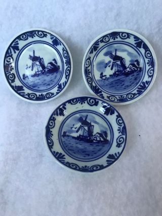 Antique Doll House 2 " Porcelain Plate Handpainted Delft Blauw Set Of 3