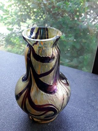 Antique Loetz 5 " Purple Iridescent Art Glass Vase Polished Top