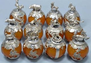 Collectable Old China Miao Silver Carve 12 Zodiac Inlay Agate Noble A Set Statue