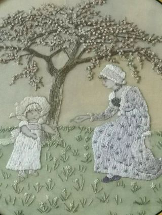 Vintage Embroidered,  Painted Crinoline Lady And Child Blossom Tree