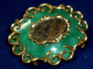 Rare Antique Large Green Enamel & Gold Plate Woven Hair Mourning Brooch