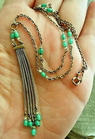 Antique Edwardian Gold Fill Necklace,  Foxtail Fringe Tassel Peking Glass Beads 2