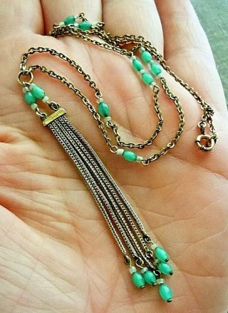 Antique Edwardian Gold Fill Necklace,  Foxtail Fringe Tassel Peking Glass Beads 6