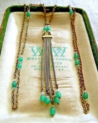 Antique Edwardian Gold Fill Necklace,  Foxtail Fringe Tassel Peking Glass Beads 8