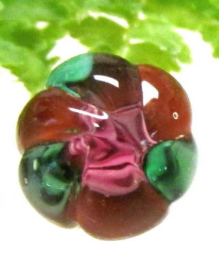 Lovely Old Lobed Paperweight Button W/ Pink Rose With Green Leaves C62