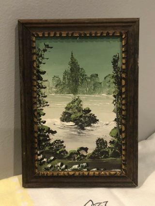 Vtg Antique Wood Picture Frame Landscape Painting Forest 5 1/2” X 3 1/2” Signed