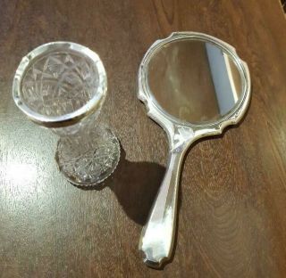 Antique Silver Hand Mirror & Cut Glass Silver Rimmed Bud Vase
