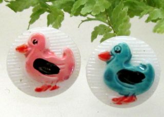 2 Cute Vtg.  Glass Kiddie Buttons With Pink & Blue Ducks R109
