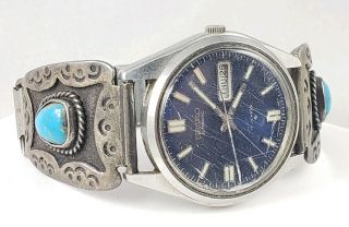 Vintage Seiko Automatic Stainless Steel Watch Woth Sterling & Turquoise Cuffs