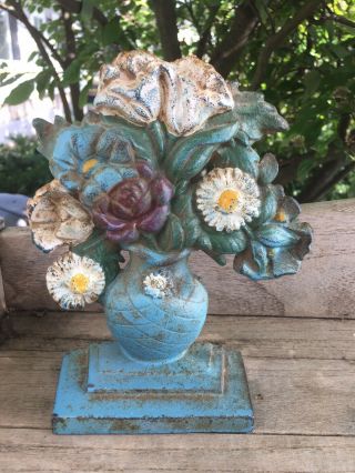 Antique Cast Iron Hubley Vase Urn Basket Of Flowers Doorstop,  Good Blue