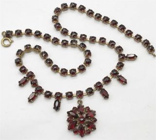 Antique Garnet Ruby Red Gem Set Cluster Ladies Costume Necklace Chain / Pendant