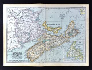 1902 Century Atlas Map Nova Scotia Brunswick Newfoundland Halifax Fundy Bay