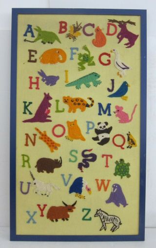Animals A To Z Vintage 70s Handmade Crewel Yarn Embroidery Panel Framed 20x35