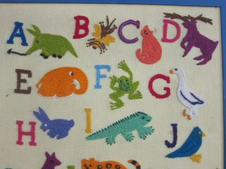 Animals A to Z Vintage 70s Handmade Crewel Yarn Embroidery Panel Framed 20x35 2