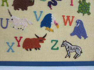 Animals A to Z Vintage 70s Handmade Crewel Yarn Embroidery Panel Framed 20x35 4