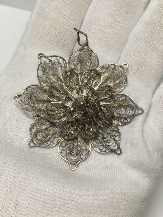 Large Antique Art Nouveau Sterling Silver Filigree Flower Pendant