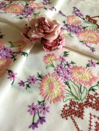 Vintage Rayon Pretty Floral Raised Hand Embroidered Tablecloth Crochet Lace Edge