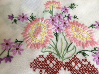 VINTAGE RAYON PRETTY FLORAL RAISED HAND EMBROIDERED TABLECLOTH CROCHET LACE EDGE 3