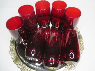 Anchor Hocking Ruby Red Water Tumblers Mid - Century 5 " Antique Set 8 El084