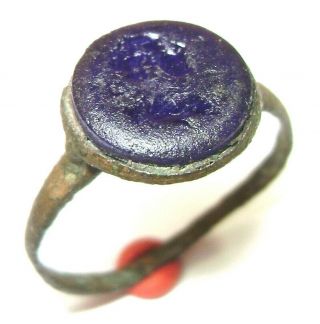 Ancient Medieval Bronze Finger Ring Seal With Blue Stone.