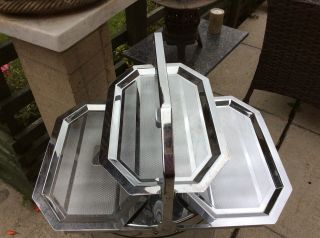 Three Tier Folding Art Deco Engine Turned Chrome Cake Stand,  Rare