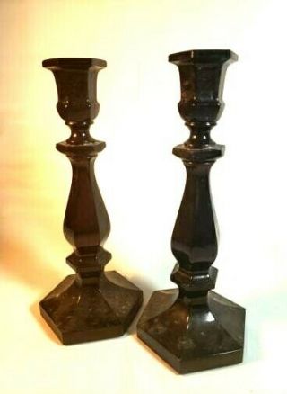 Antique Black Amethyst Glass Hollow Tall Candlesticks