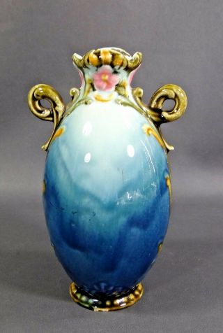 Antique Art Nouveau French Majolica Pottery Amphora Vase Blue Green Pink Flowers