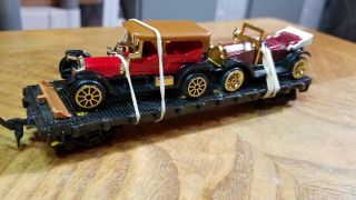 A2 Ho Train Car Black Flat With Two Antique Cars On Top Horn Hook