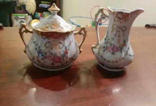 Antique Vintage R S Prussia 2 Pc Cream & Lidded Sugar Bowl Roses China