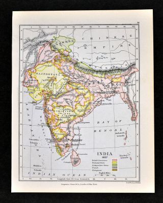 1892 Map India In 1857 British Rule Bengal Calcutta Bombay Ceylon Nepal
